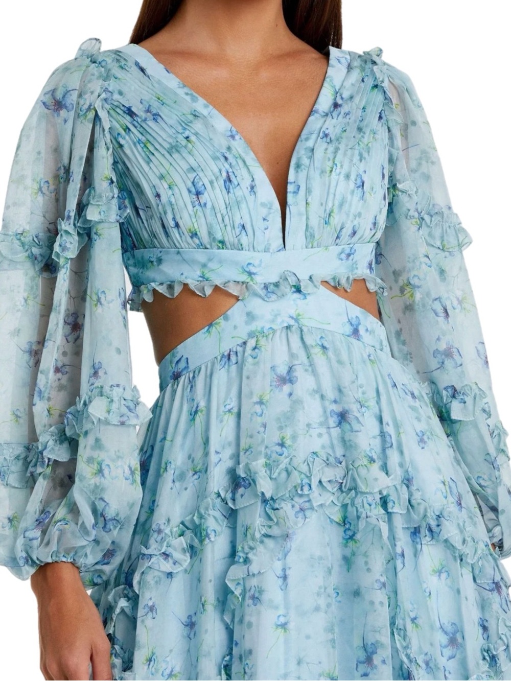 NWT Mac Duggal $498 MSRP Sky Blue Floral Long Sleeve Cutout Ruffle Tiered Gown - Picture 3 of 10